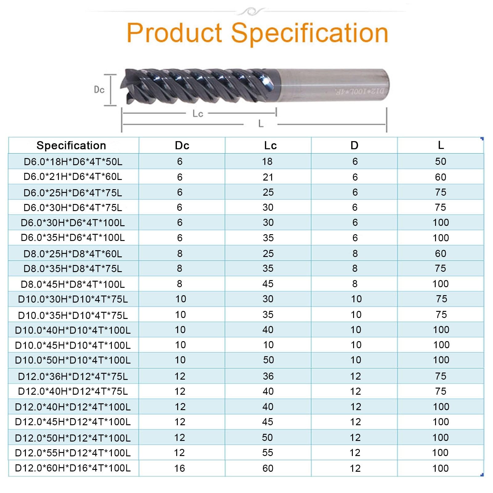 1 pz. Fresa for telaio a 4 taglienti HRC65 Frese in carburo CNC da 6 mm, 8, 10, 12, 16, 20(D12X36X75L)