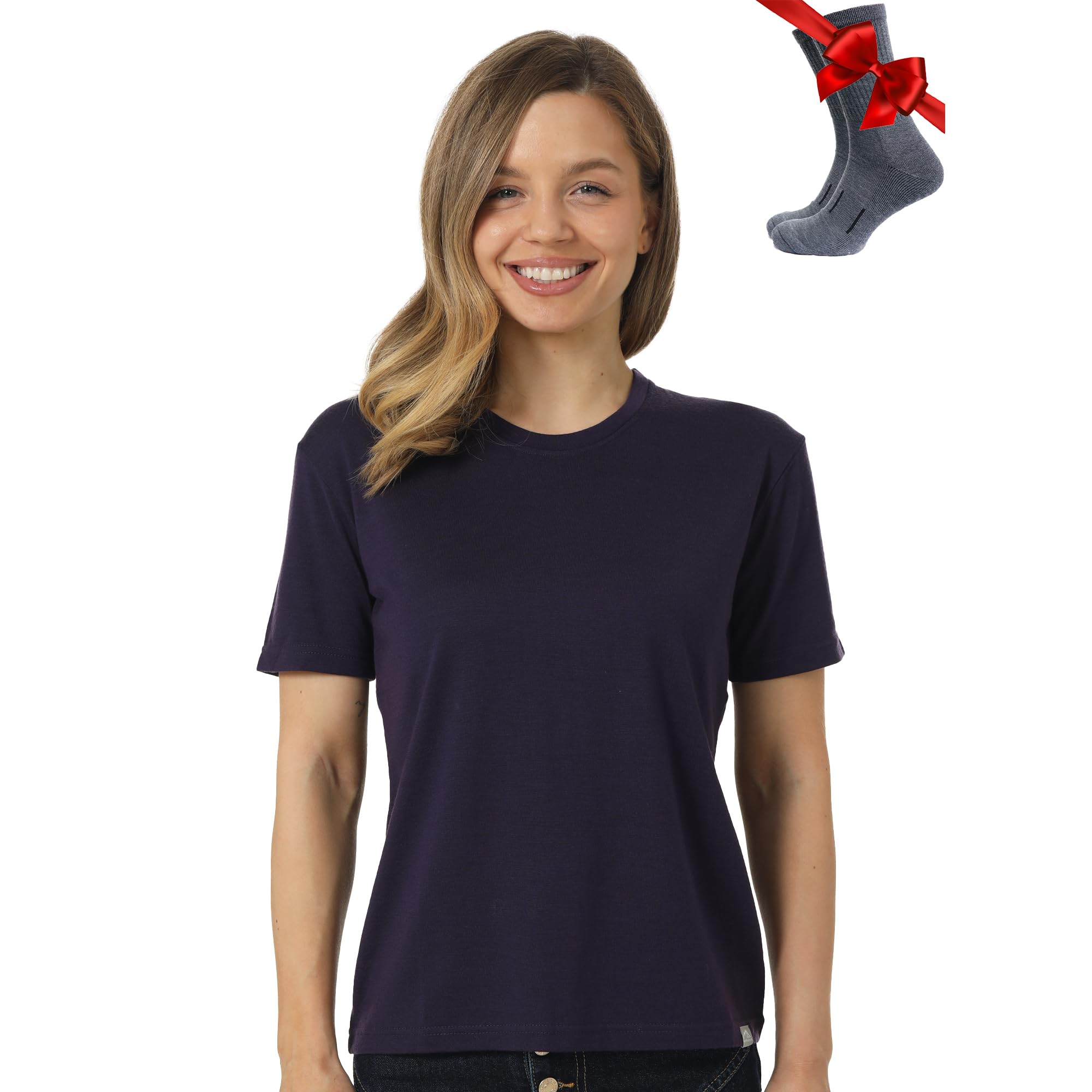 Merino.tech Women's Dark Purple Crewneck Merino Wool T Shirt - 100% Merino Wool Base Layer Short Sleeve Tee + Hiking Socks (Small, )