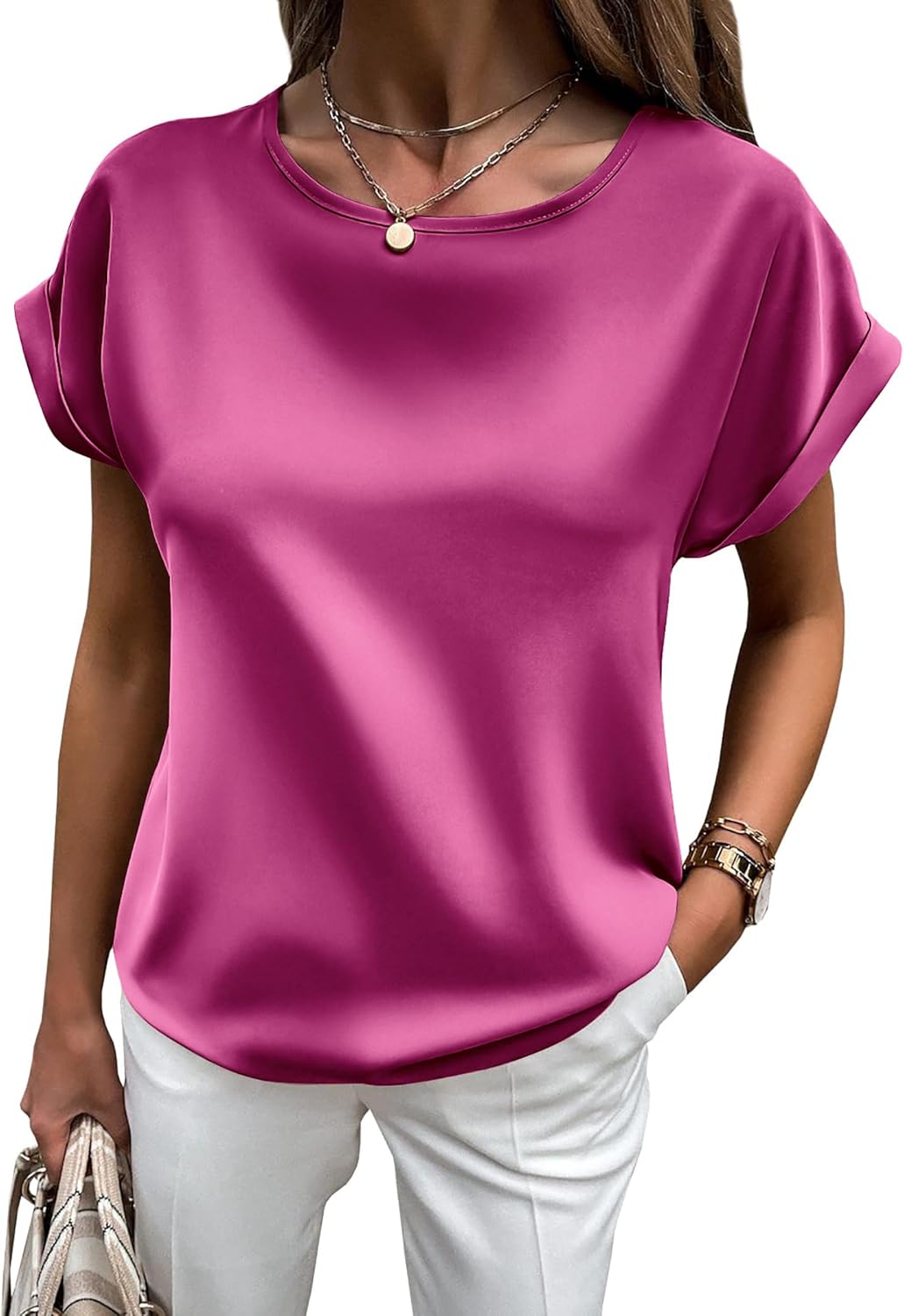 HOTOUCH Women's Short Sleeve Pullover Blouses Satin Silk Shirts Casual Loose Work Tunic Tops