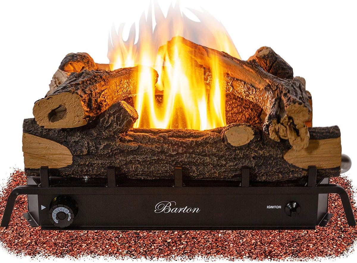 Barton 18" Premium Ceramic Log Set w/Adjustable Dual Burner 30,000 BTU Vent-Free Natural Gas Glowing Ember ANSI Indoor Fireplace Fire Wood Fake Realistic