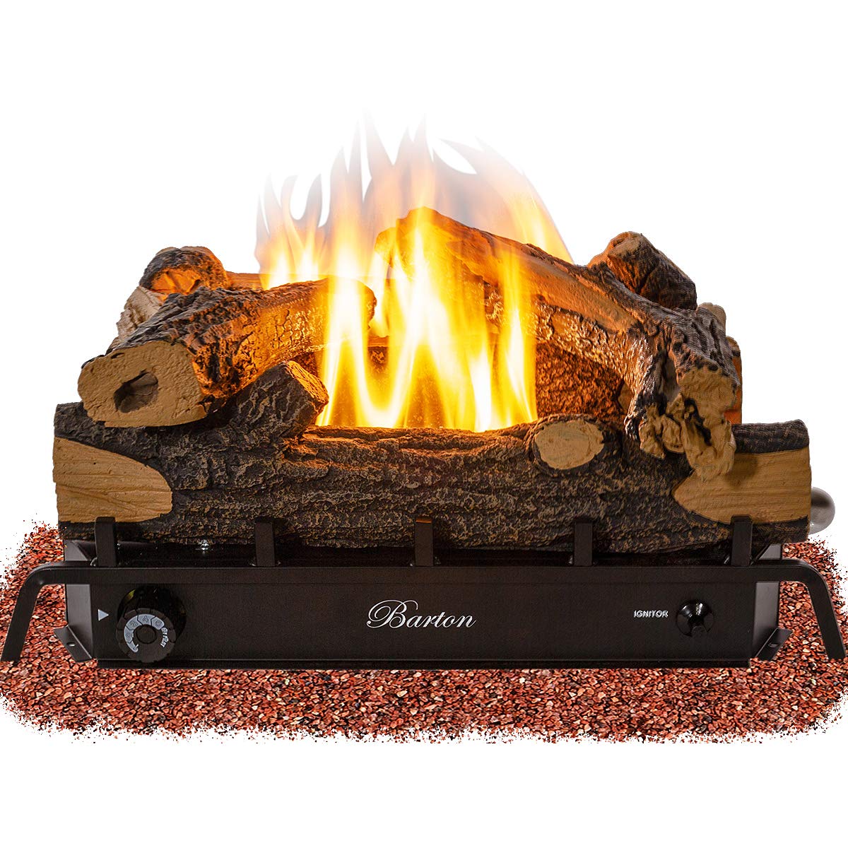 Barton 18" Premium Ceramic Log Set w/Adjustable Dual Burner 30,000 BTU Vent-Free Natural Gas Glowing Ember ANSI Indoor Fireplace Fire Wood Fake Realistic