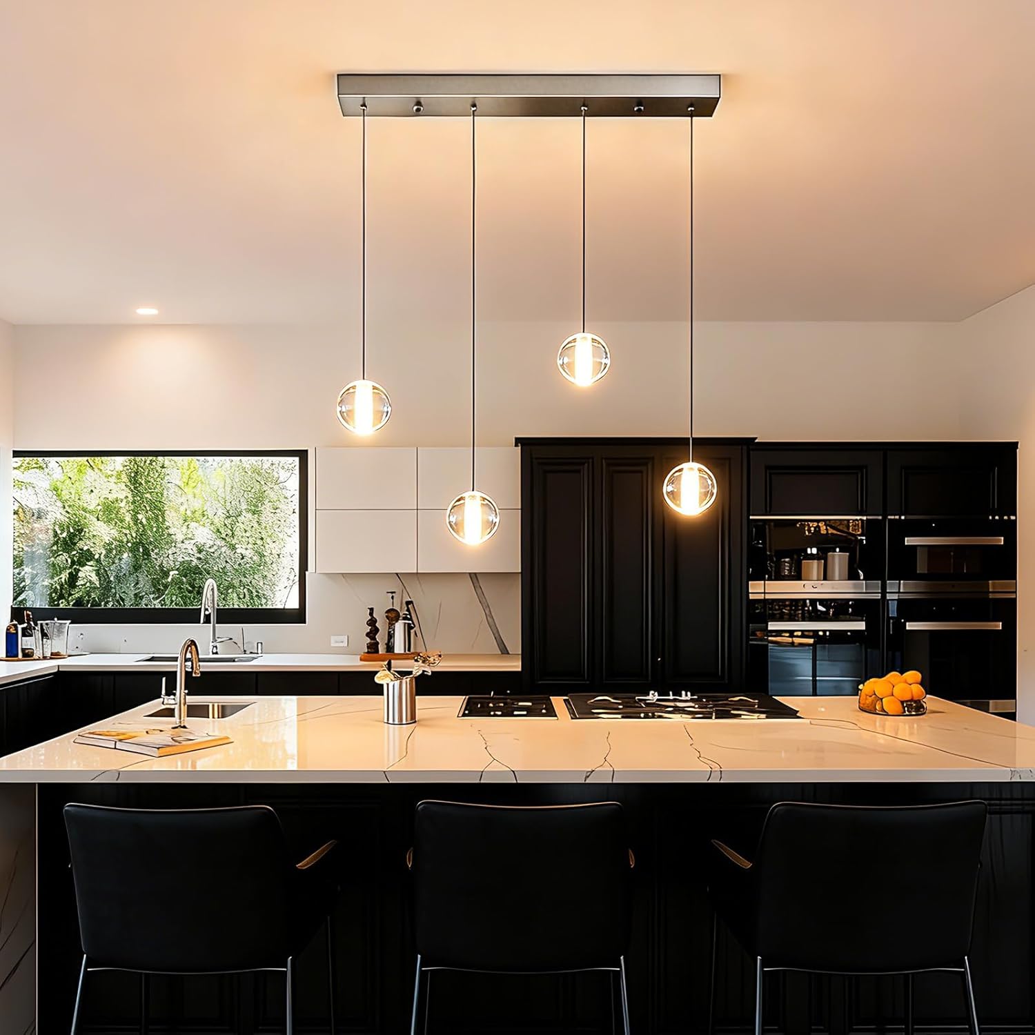 Brushed Nickel 4 Lights Rectangular Chandeliers, Bubble Light Fixture, Modern Crystal Globe Hanging Kitchen Pendant Lights Over Sink for Dining Room Kitchen Island Hallway Bedroom