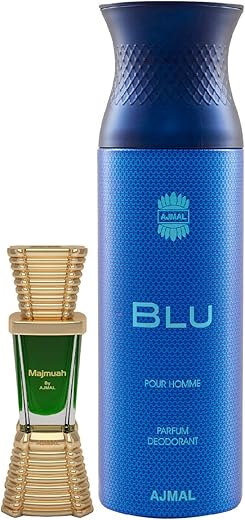 Ajmal Majmua Concentrated Perfume Oil Oriental Alcohol-free Attar 10ml for Unisex and Blu Homme Deodorant Aquatic Woody Fragrance 200ml for Men FREE