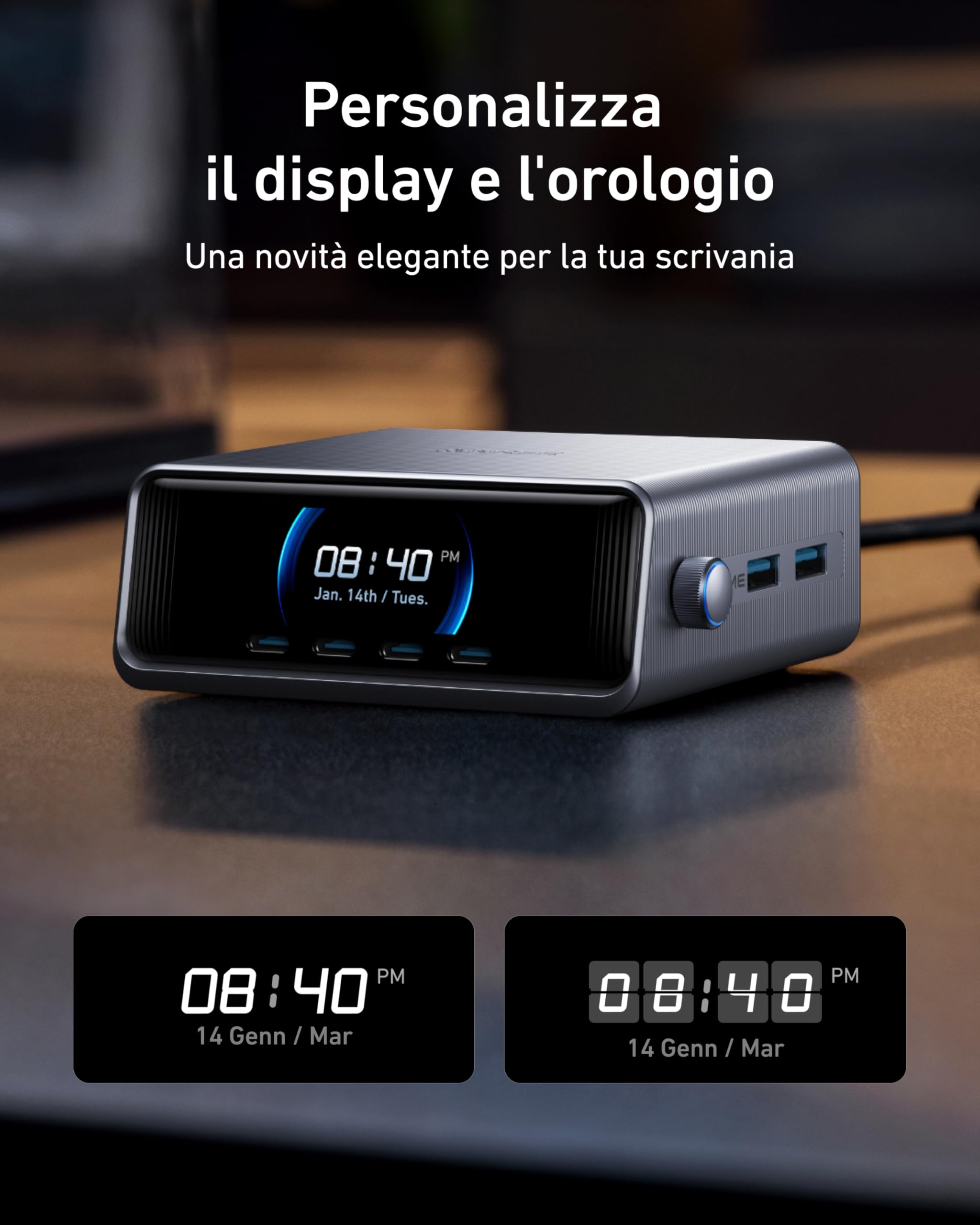Anker Prime 250W Caricatore USB C GaN 6 Porte Display LCD 2,26''