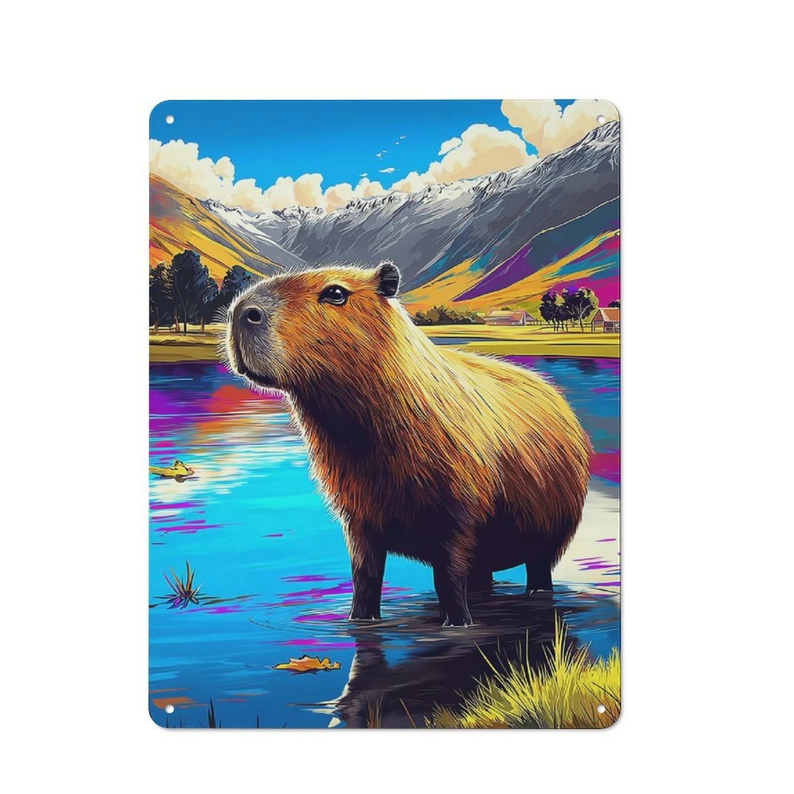 Junmoney Capybara In Colorful Landscape-2 Retro Metal Sign 40X30cm, Garage Style Shed Wall Plaque For Garage, Hobby Room, Office Or Man Cave