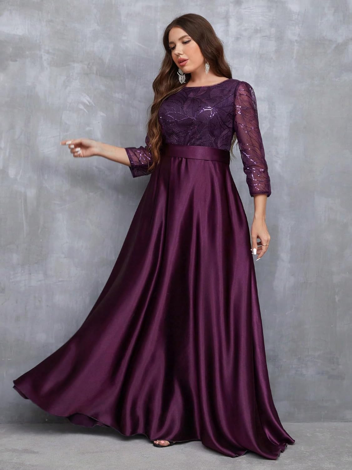 Women's Plus Size Sequin Embellished with Satin A-line Hem 3/4 Sleeves Formal Evening Gown Maxi Long Dress - Image 5