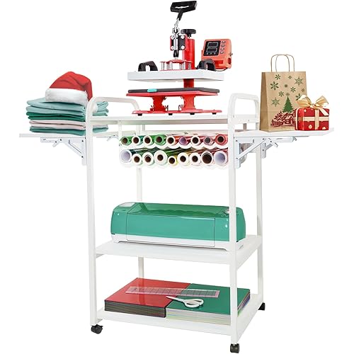 Prime Vinyl 3 Tier Movable Heat Press Table for All Cutting Machines with Vinyl Roll Holders, Heat Press Stand for DIY Craft Table, Heat Press Machine with Folding Shelf
