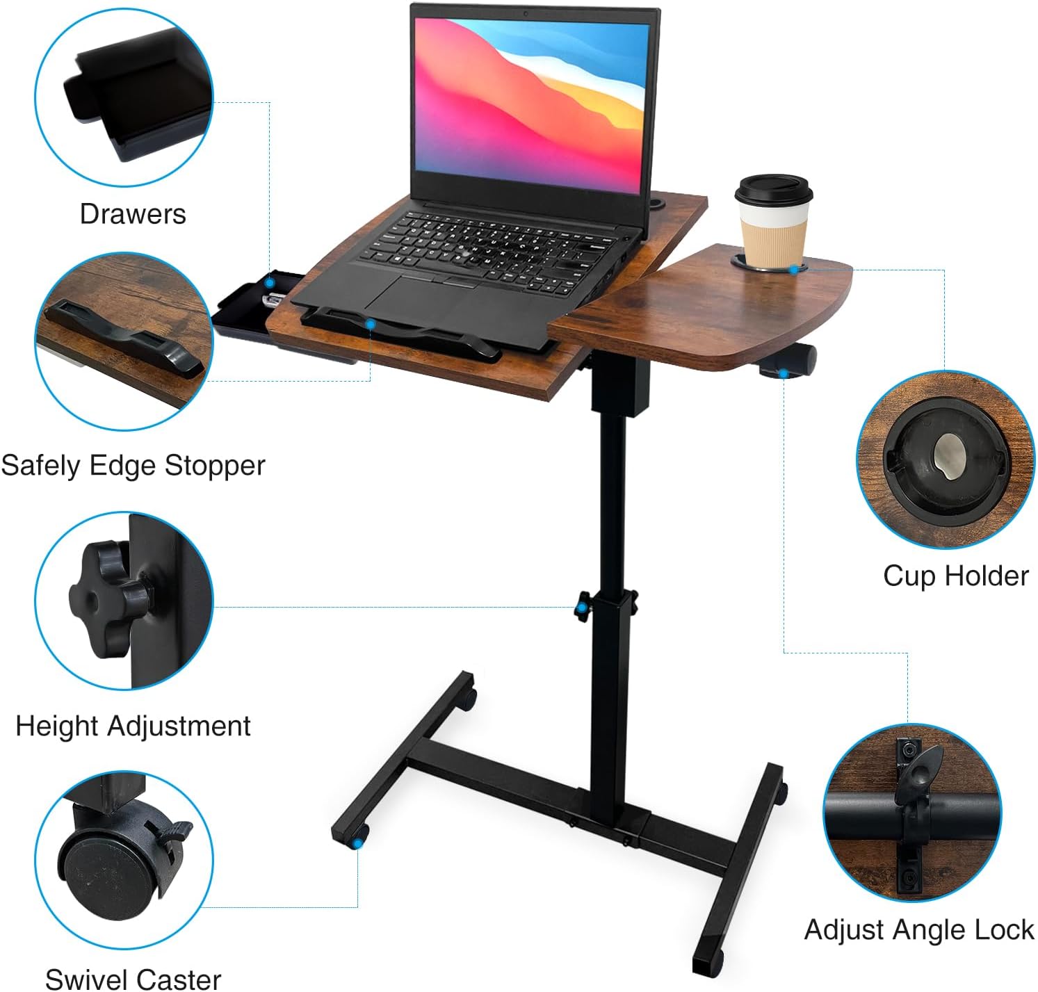 Overbed Table Height Adjustable Bedside Table Hospital Bed Table with 2 Tilting Desktops Mobile Laptop Desk with 2 Tilting Desktops Cup Holder Drawer for Office Home and Hospital