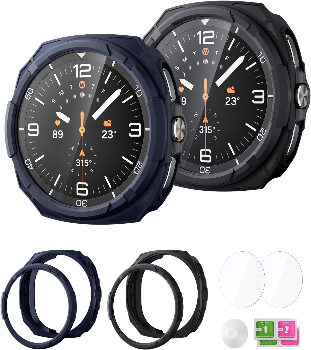 2PACK Rugged Bezel Case for Samsung Galaxy Watch 8 Classic Screen Protector 46mm - Durable TPU Bumper Face Cover + 2 Tempered Glass Film for Galaxy Watch 8 Classic Accessories
