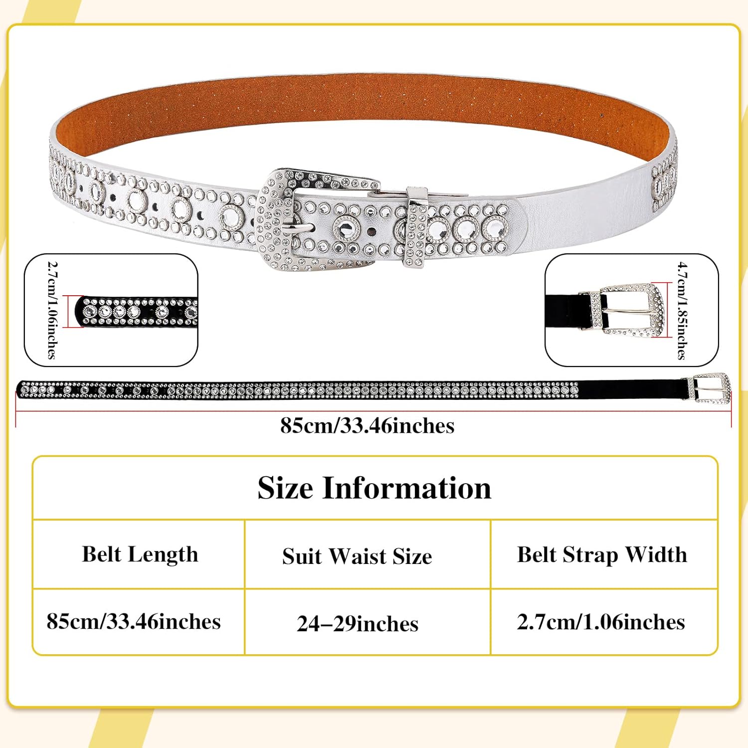 Newcotte 2 Pcs Kids Rhinestone Belts Western Cowgirl Cowboy Diamond Studded Bling Leather Belt PU Leather Belt (33.46 x 1.06 Inch) - Image 3