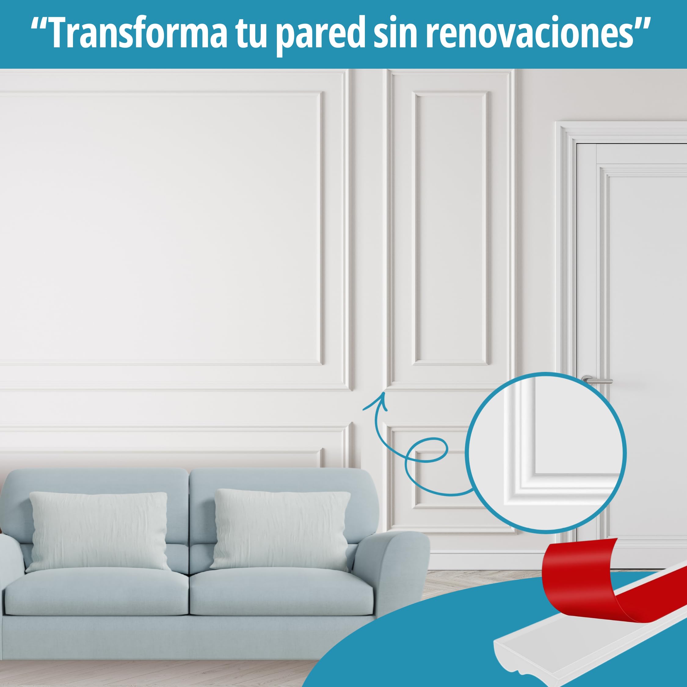 Moldura decorativa de pared autoadhesiva de PVC flexible 5 m x 2,3 cm – Moldura blanca para interior