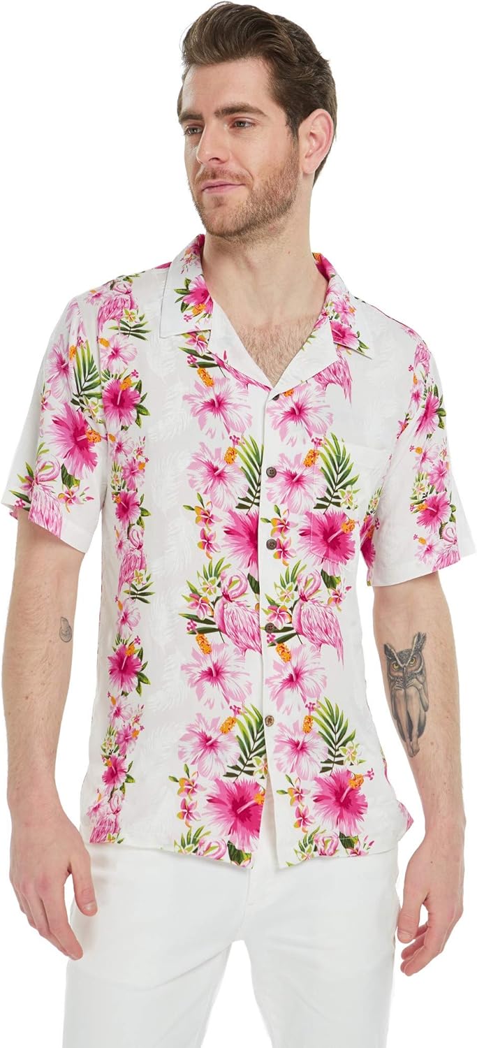 Matchable Family Hawaiian Luau Men Women Girl Boy Clothes in Pink Hibiscus Vine White - Image 6