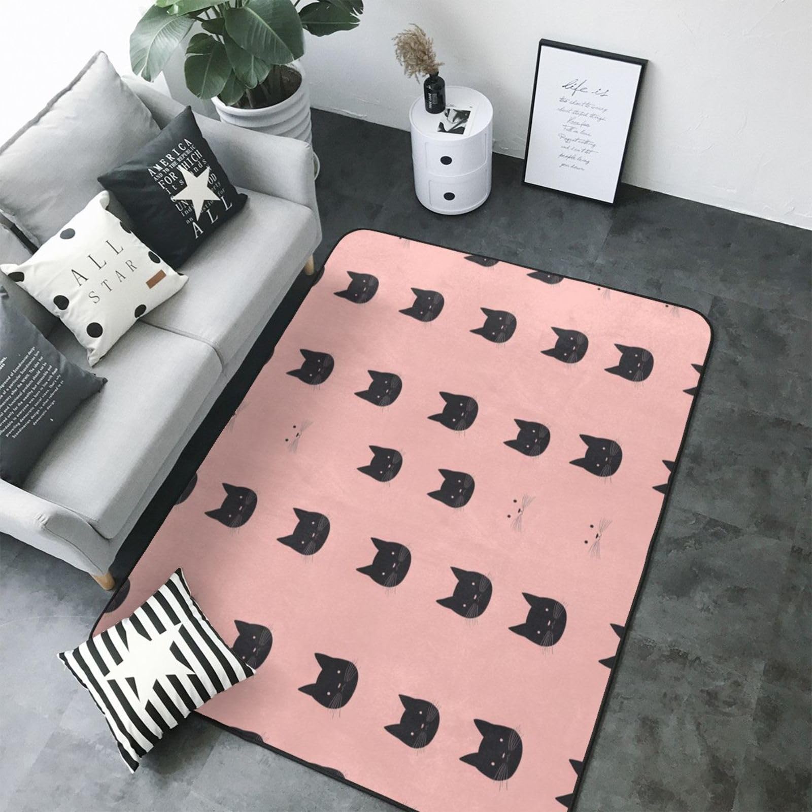 Tapis de chambre chat noir grand format lavable tapis antidérapant doux 203x147