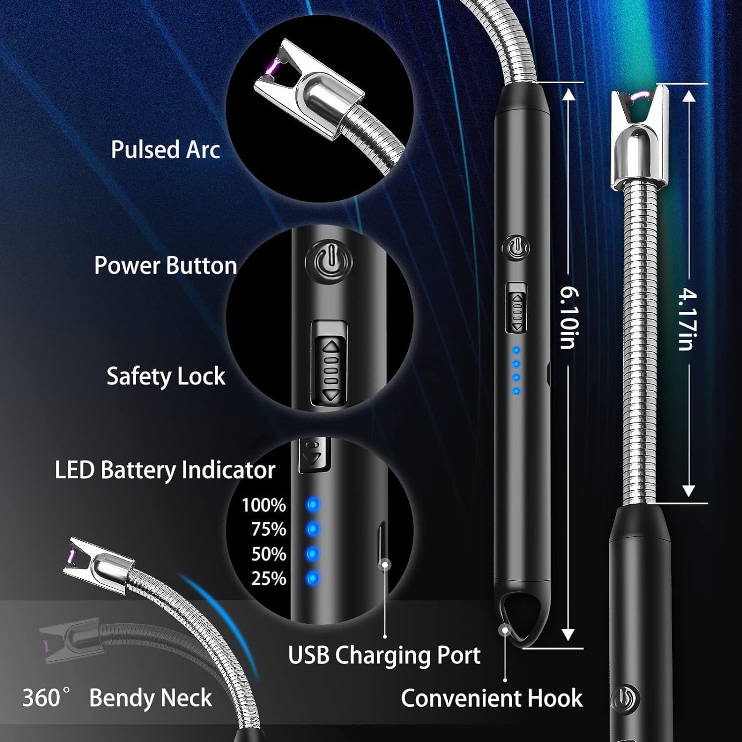 Electric Plasma Gas Lighter for Candles, Puja Lamps, Gas Stove, Flameless, Windproof, USB Rechargeable, 360° Flexible Neck, Multicolour — Amazon image 6