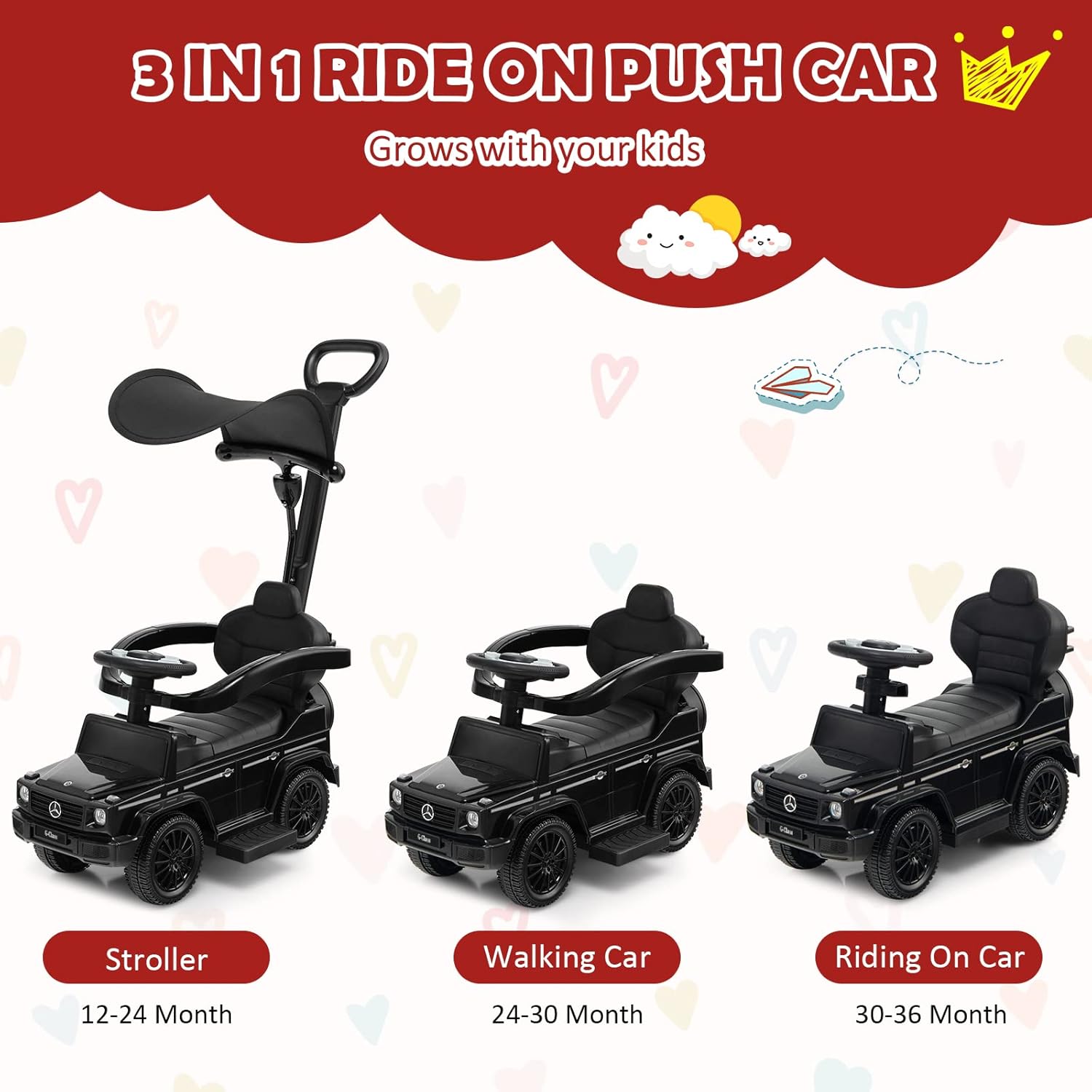 Costzon Push Car for Toddlers, 3 in 1 Mercedes Benz Stroller Sliding Walking Car w/Canopy, Handle, Armrest Guardrail, Underneath Storage, Horn Sound, Foot-to-Floor Ride On Toy for Boys Girls (Black)