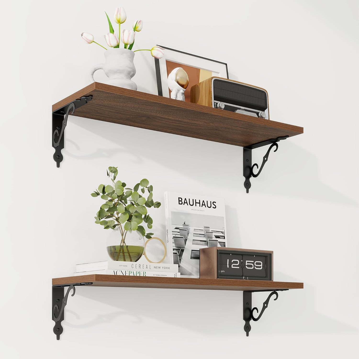 RICHFOCUS Floating Shelves for Wall Decor, 24Inch Shelves Set of 2, 24W x 8D Floating Shelves Wall Mounted with Metal Brackets, Rustic Wood Shelves for Living Room Bedroom Kitchen, Walnut