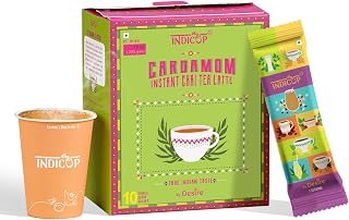 INDICUP Instant Chai Tea Premix Cardamom Tea Latte | True Indian Taste | Just Add Hot Water | Tea Powder | 10 Single Serve Sachets | 220g (7.76 Ounce) (Cardamom (Normal Sugar))
