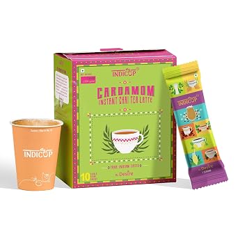 INDICUP Instant Chai Tea Premix Cardamom Tea Latte | True Indian Taste | Just Add Hot Water | Tea Powder | 10 Single Serve Sachets | 220g 7.76 Ounce Cardamom Normal Sugar