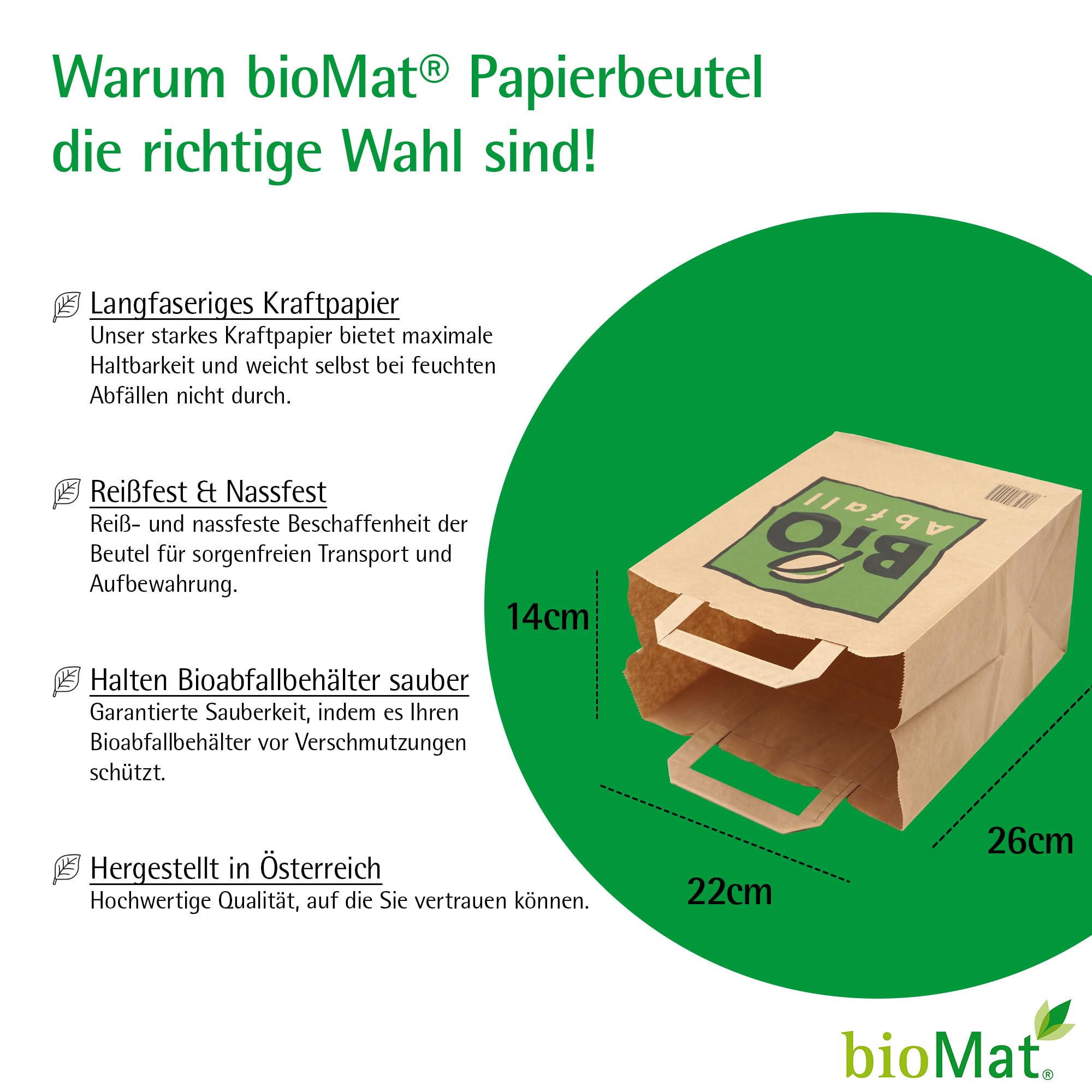 bioMat Kompostierbare 8l Papiertüten für Biomüll, 240 Biomülltüten mit Henkel aus Kraftpapier, Nassfest, Reißfest