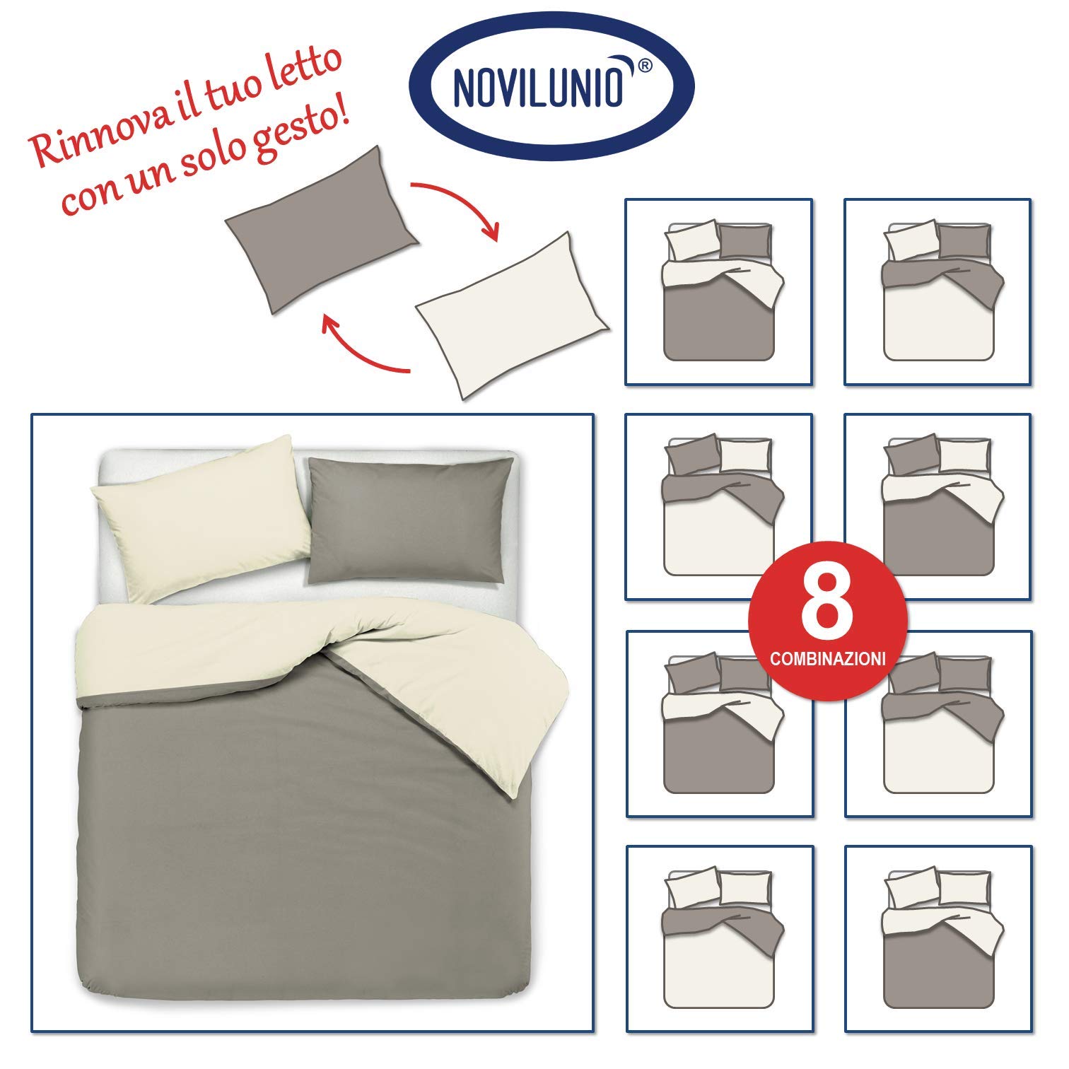 Novilunio Set copripiumino federe letto bicolor double face parure copripiumino in cotone made in Italy (Matrimoniale, Beige/Bordeaux)