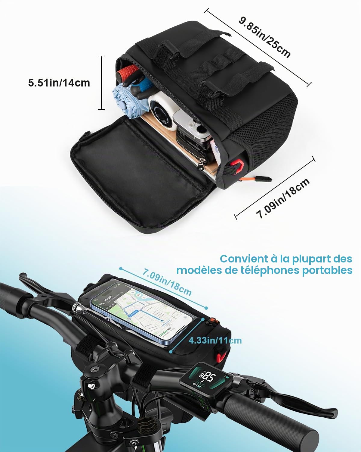 Sacoche Velo 6L avec Fonction Audio, Sac de Guidon de vélo avec écran Tactile Avant et bandoulière Amovible pour Tous Les téléphones avec Effets Lumineux colorés, étanche