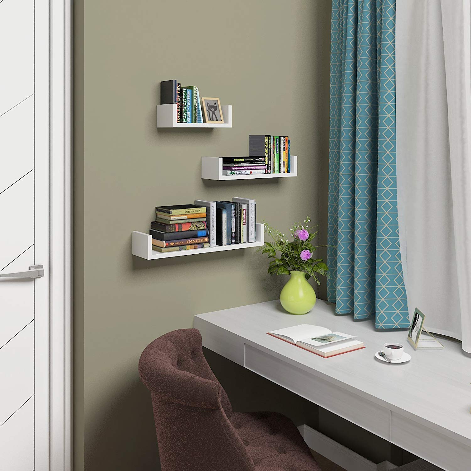 Meerveil Etagere Murale Lot de 3 Etagères Murales Blanche Murale Tablettes Flottantes Étagères de Rangement Forme de U, 30/45/60cm, Charge 15kg, pour Salle de Bain Chambre Salon Cuisine, Blanc