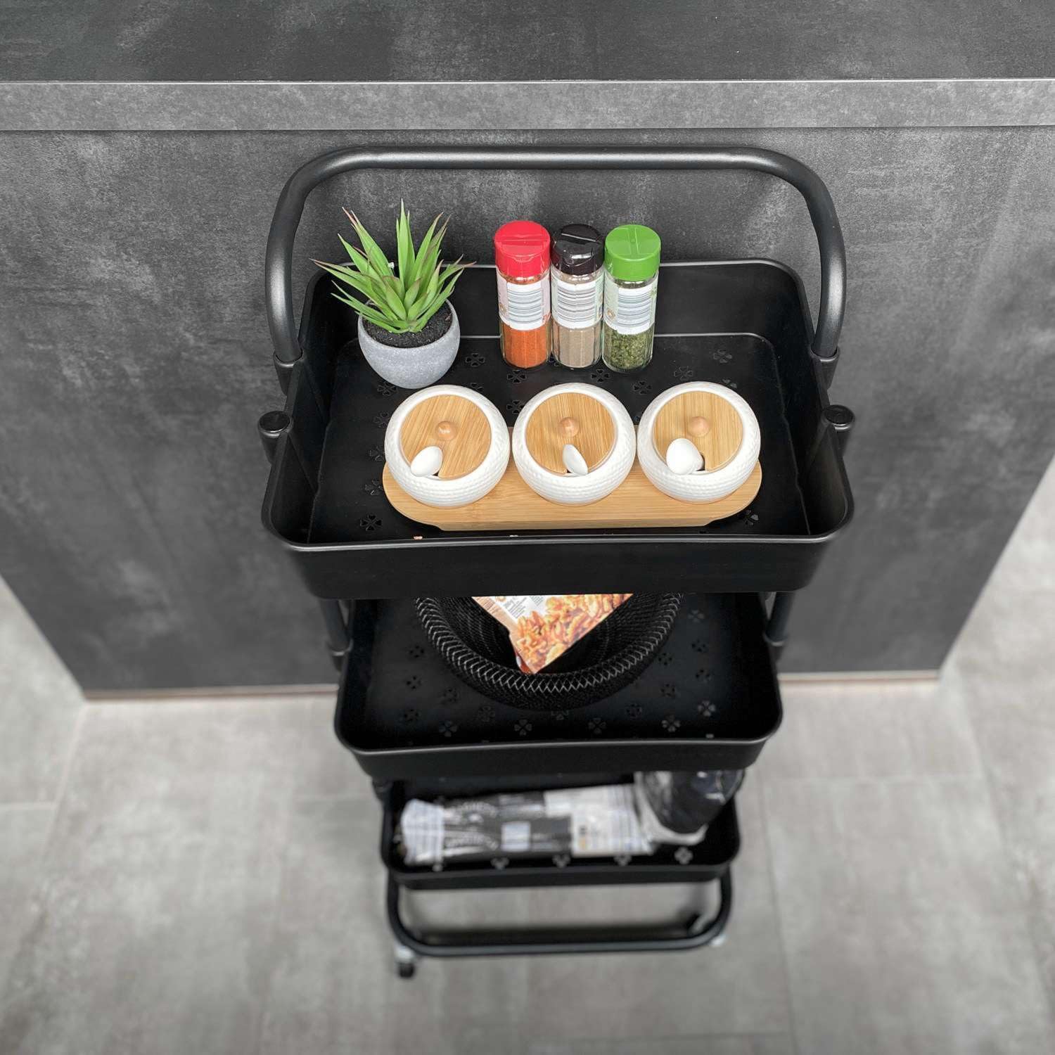 INTIRILIFE Carrello a 3 piani in Nero - 85 x 34 x 42 cm - Carrello da servizio con manico, carrello portaoggetti, per cucina, bagno, ufficio, ecc.