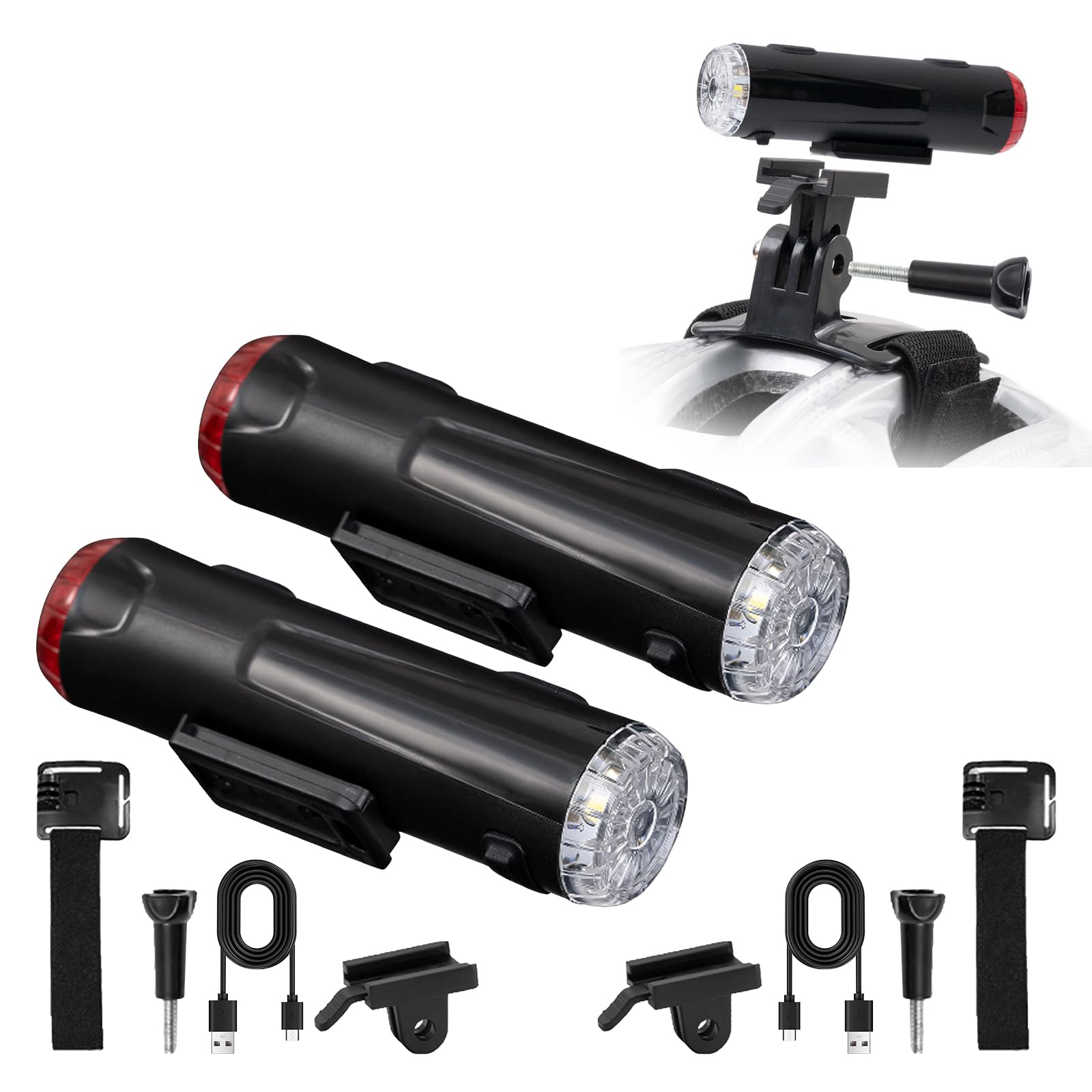 Lot de 2 éclairages pour casque de vélo, double éclairage avant et arrière pour casque de vélo, lampe torche portable rechargeable par USB, 5 niveaux de gradation, avertissement à 360° pour