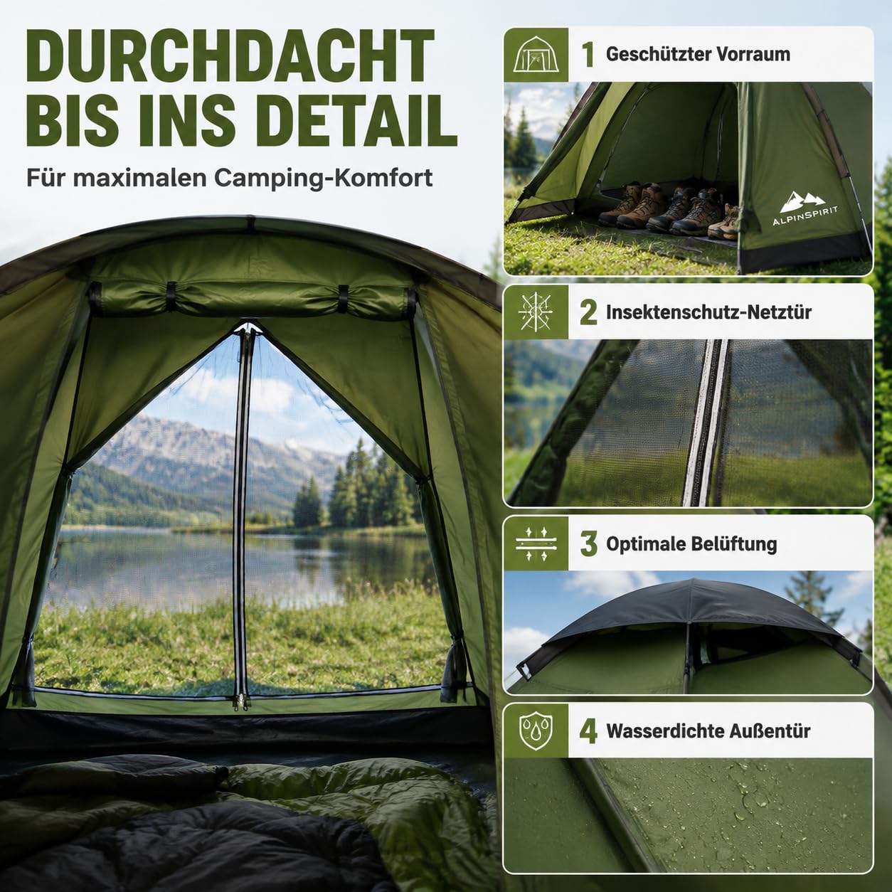 2 Mann Zelt Wasserdicht (3 Min Aufbau) – 2 Personen Zelt Ultraleicht mit 3000mm Wassersäule, Campingzelt für Trekking, Festival & Outdoor, Kuppelzelt inkl. Tragetasche, Zweimannzelt