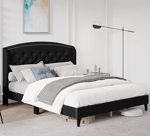 Miniatura 6 de Homhougo Base de cama tamaño Queen, plataforma tapizada con cabecera de ala y diseño capitoné de botones, soporte de listones de madera, fácil