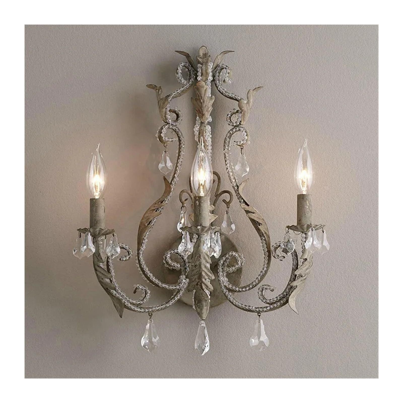 OZBMA 3 Heads Retro Iron Crystal Wall Lamp Antique Candle Light Bedroom Bedside Sconces for Living Room Dining Corridor Lantern(White) (Gray)