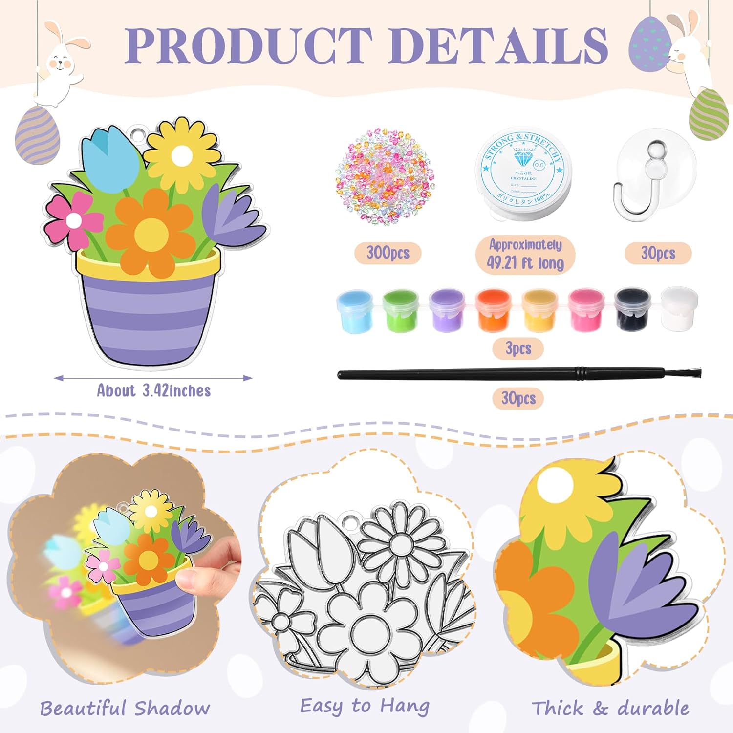 Dunzoom 30 Set Easter Craft Kit Suncatchers Kit Spring Easter Eggs DIY Suncatchers Craft Kit Make Your Own Suncatcher Paint Easter Bunny Sun Catcher Ornaments for Spring Art Craft Painting Activity