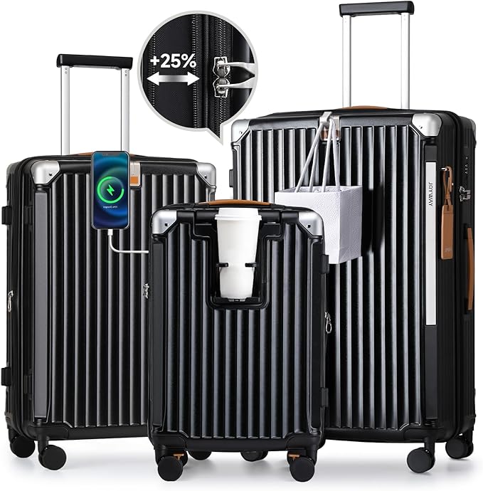 Joyway Luggage Sets 3 Piece, Expandable Suitcase with Smart Cup Holder and USB Port, Hardside Carry On Checked with TSA Lock Spinner Double Wheels, Black