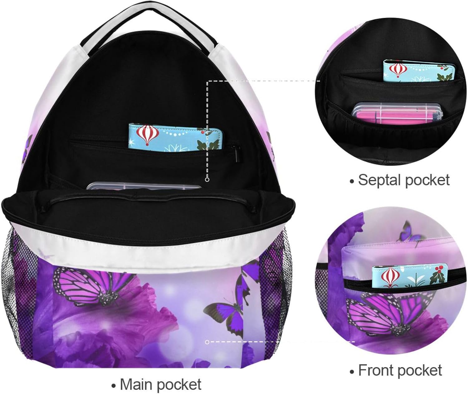 Butterfly Purple Flowers Girls Backpack Elementary Middle School Backpack Bookbag for Girls Boys Kids Teen Back to School Book Bag Gifts for 2nd 3rd 4th 5th 6th Grade Students - Image 6