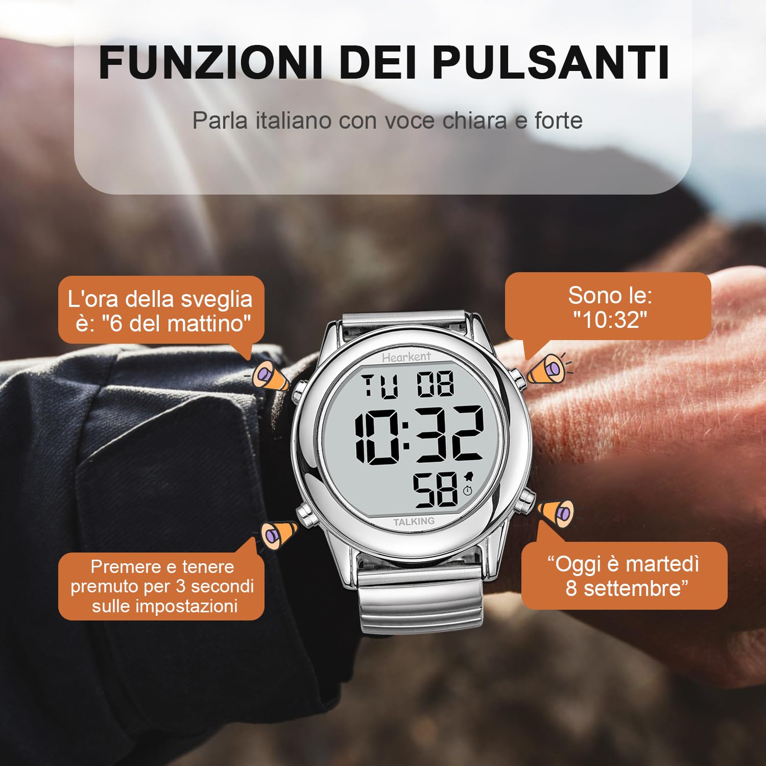 Orologio parlante da uomo, annunci vocali in italiano, cifre grandi e facili da leggere, adatto a ipovedenti, ciechi e anziani, quadrante grande, voce chiara e forte