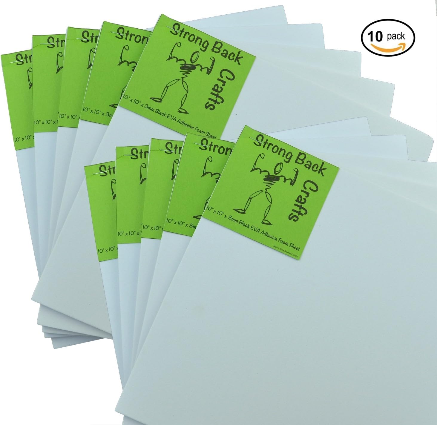 Pure White-(10 Pack)-6mm Thick-Self-Stick Adhesive Foam Sheets 10" x 10" EVA High Density by Strong Back Crafts- for Cosplay Costumes, Valentine's, Halloween Outfits, Scrapbooking