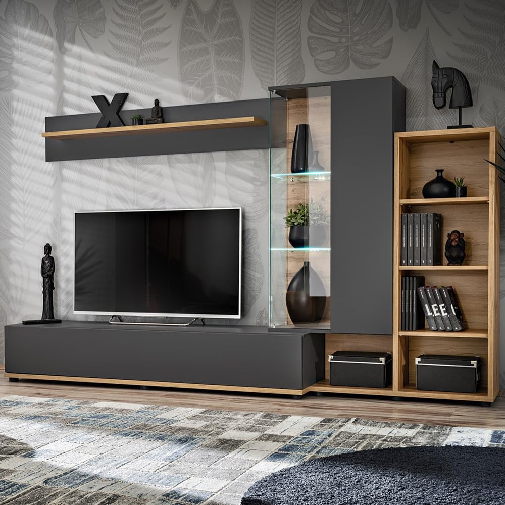 Lomadox Wohnwand Schrankwand Abauwand, 240cm breit, anthrazit mit Eiche, Modern, 1 Wandboard, 1 Hängevitrine, 1 Regalschrank, 1 Lowboard, inkl. LED-Beleuchtung