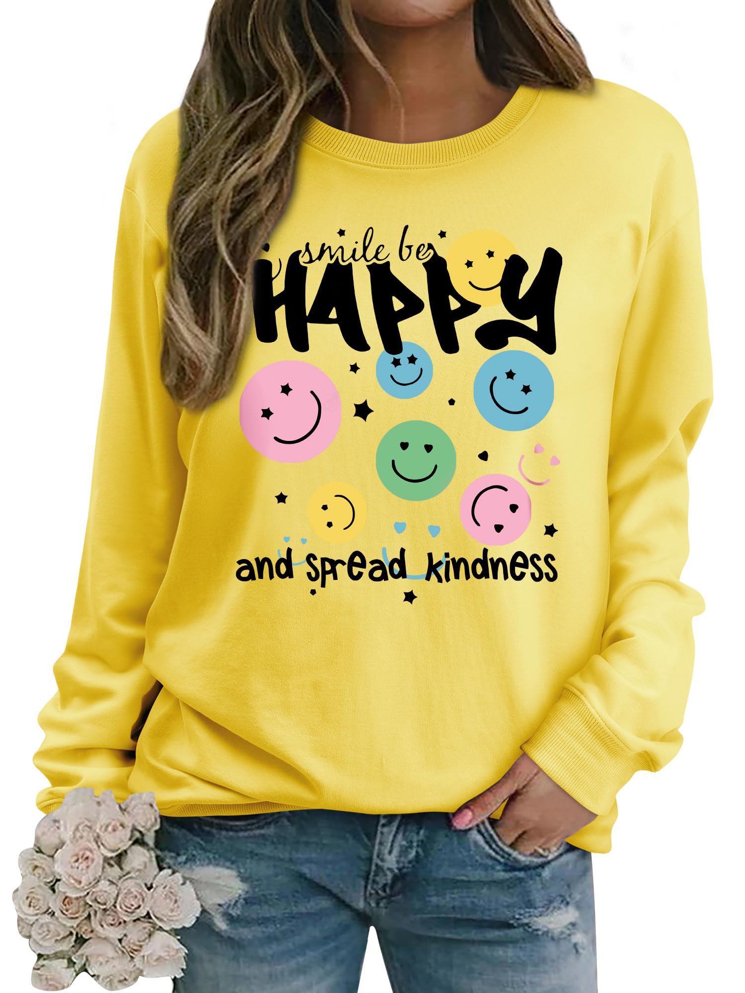 Dresswel Damen Sweatshirt Smile Brief Drucken Pullover Lustiges Lächelndes Rundhals Langarmshirt Baumwolle Pulli Herbst Winter Casual Oberteile Langarm Tops