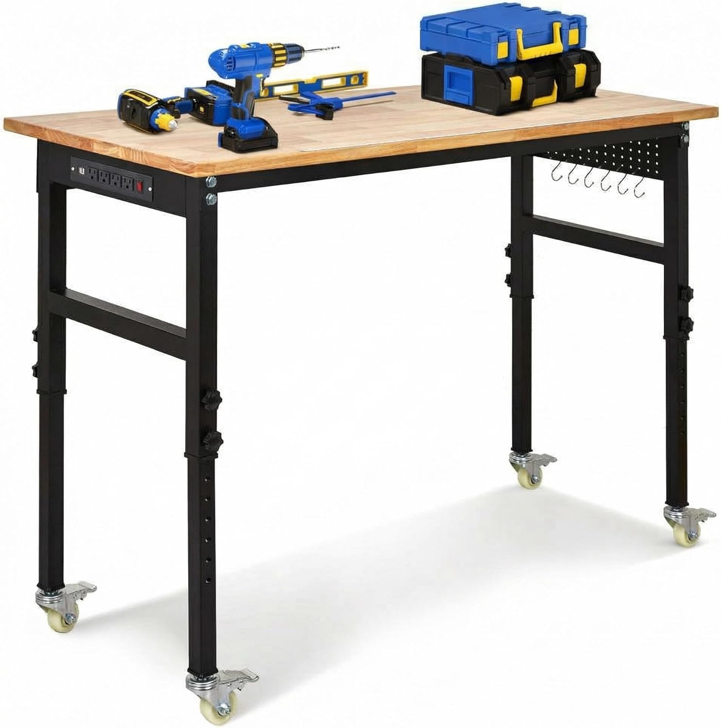 48-Inch Height Adjustable Workbench with Power Outlets, Solid Rubber Wood Top Heavy Duty Garage Tool Table, Workstation with Pegboard, Hooks and Ruler