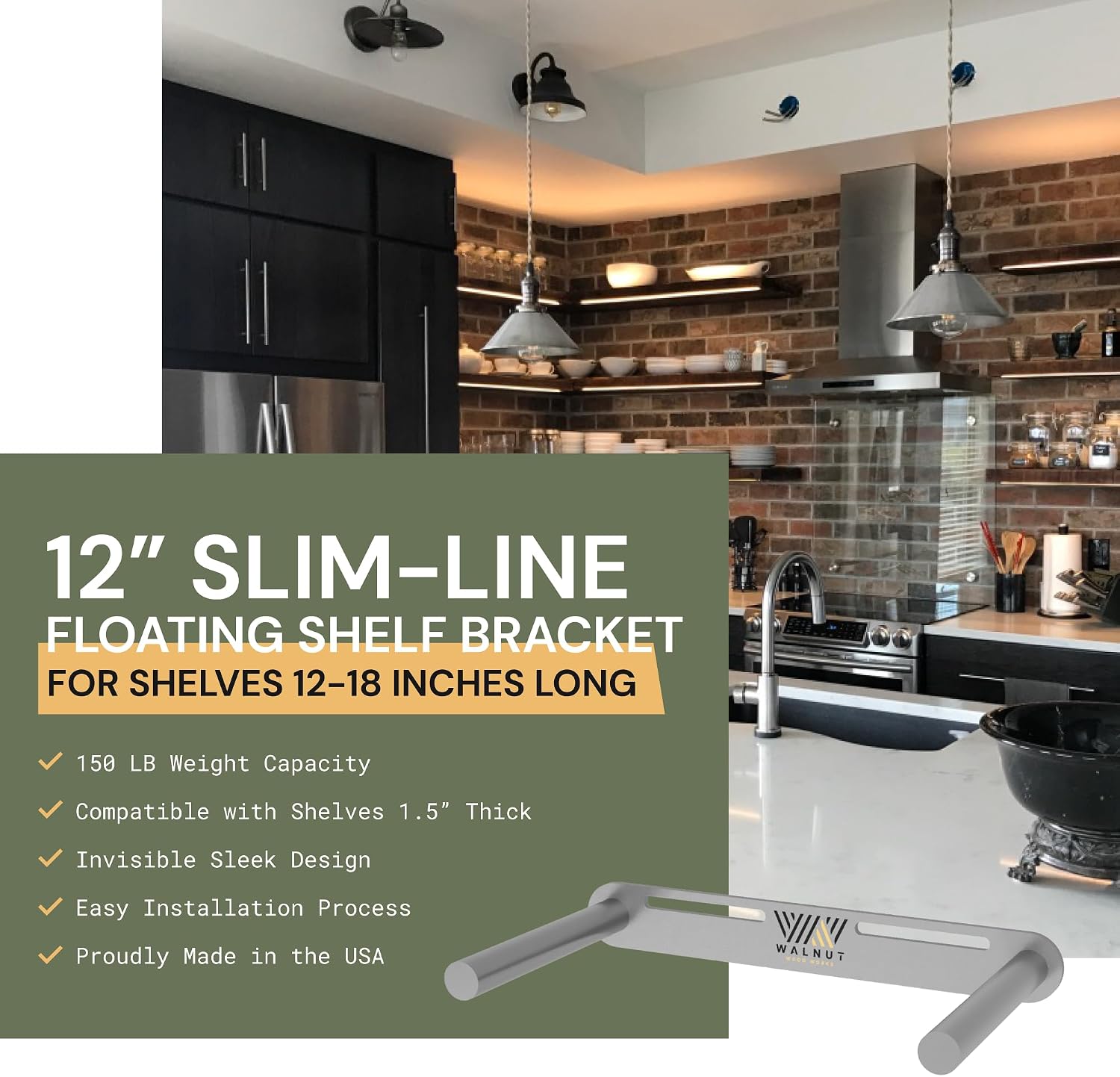 Slimline 12” Floating Shelf Bracket, 150 LB Weight Capacity, Supports 1.5" Thick Wall Mounted Floating Shelves - Hidden Shelf Brackets and Steel Support Rods Walnut Wood Works