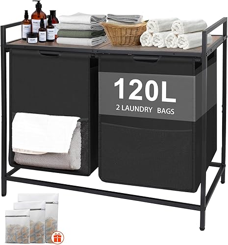 Cesta de lavandería con bolsas grandes extraíbles, capacidad de 3 x 12.5 galones, clasificador de ropa impermeable para lavar la ropa, 1 estante de