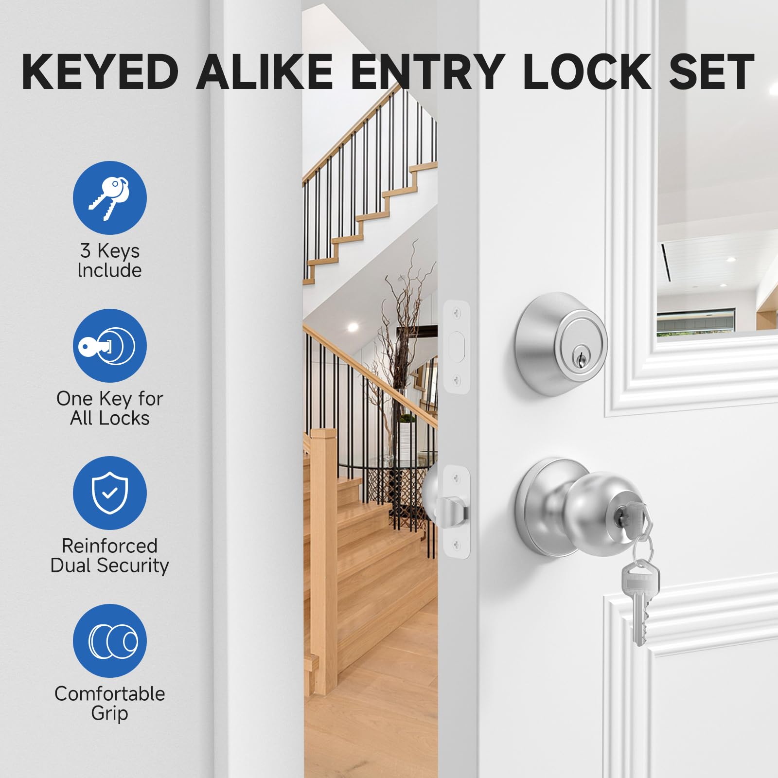 Estmoon Satin Nickel Door Lock Set - 3 Pack Secure Front Door -2