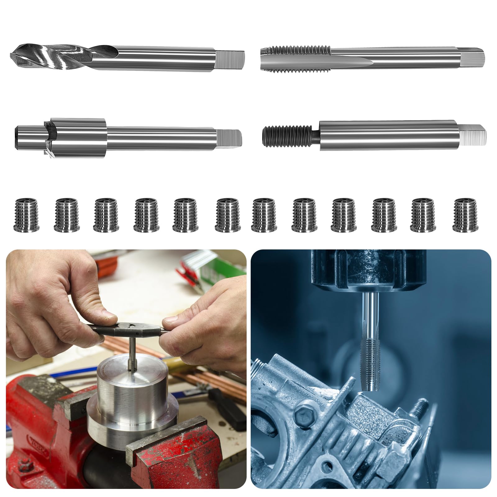Kit de reparación de rosca métrica M9 x 1,25, 12 insertos de acero inoxidable de 12,5 mm