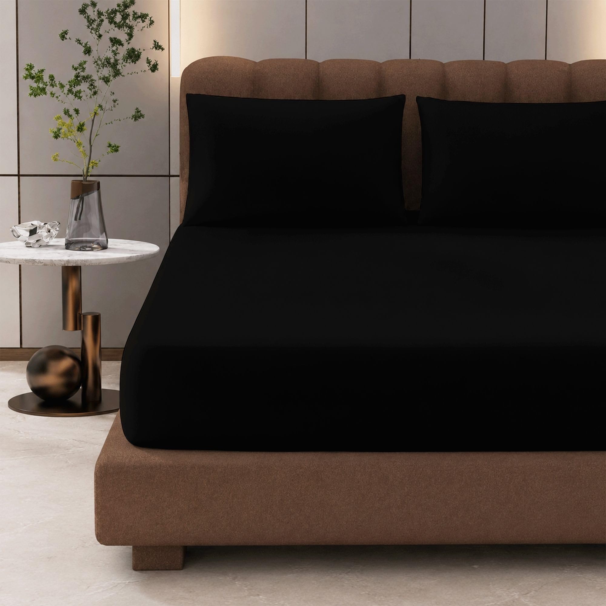 Bloombedding Black 3Pc 100% Egyptian Cotton Single Sheet Set With Pillowcases, 400 Thread Count, 40Cm Fitted Sheets, Soft Breathable, Hotel Quality, Wrinkle Resistant Bedding