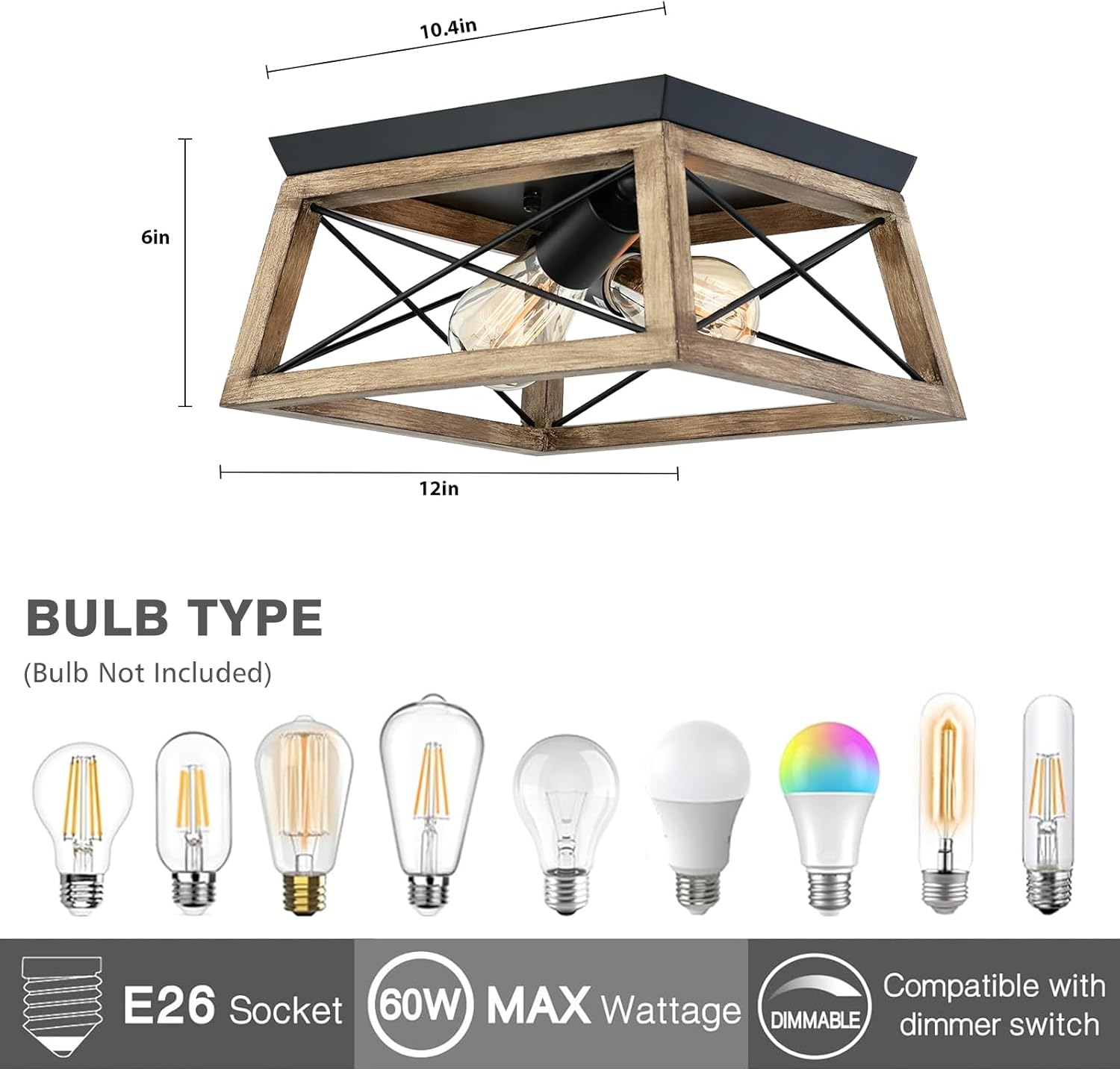 9MMML Wood Flush Mount Ceiling Light - 12'' Farmhouse 2-Light Ceiling Light Fixture for Living Room Dining Room Bedroom Entryway Kitchen Hallway, E26 Base (MA5011C2WDBK)