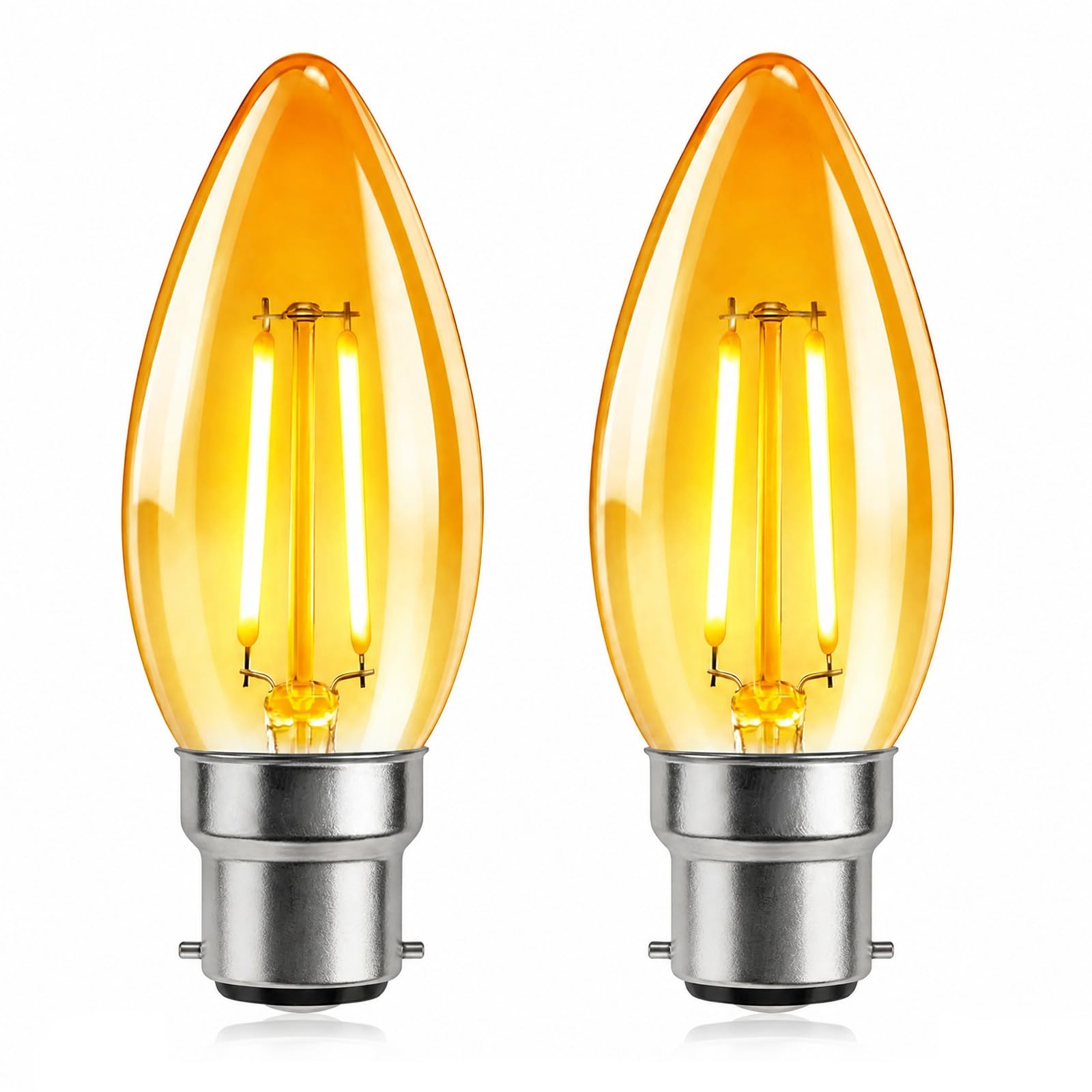 B22 LED Candle Light Bulb Bayonet 2W Warm White 2200K, Amber Glass, 2 Pack
