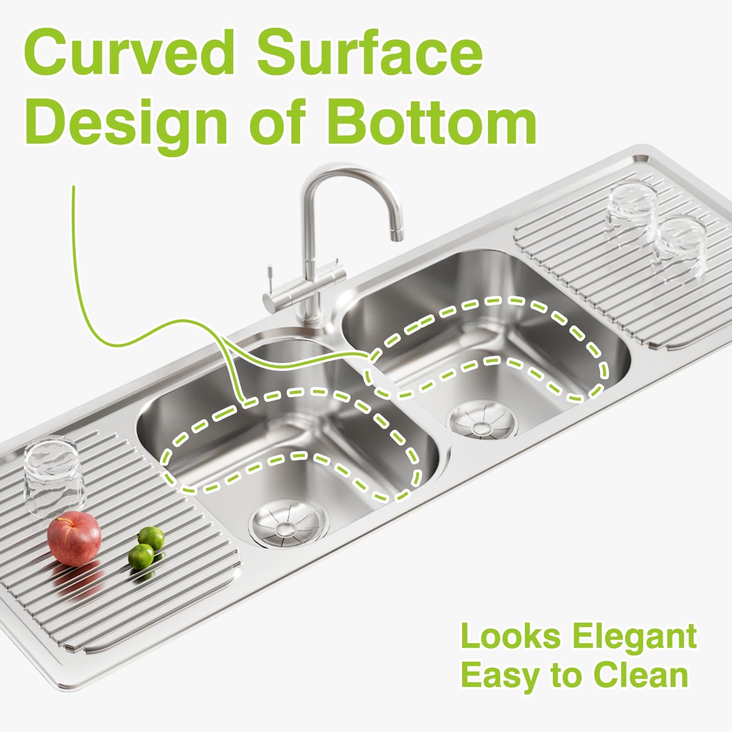 Naiture Double Bowls and Double Drainboards Stainless Steel Kitchen Sink, Rectangular Drop-In Top Mount Sink, 59" X 20"