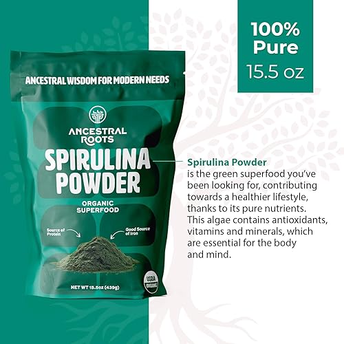Miniatura 3 de Ancestral Roots - Polvo orgánico de espirulina (15.5 onzas) en polvo de espirulina vegana certificada por USDA I 100% puro superalimento para una