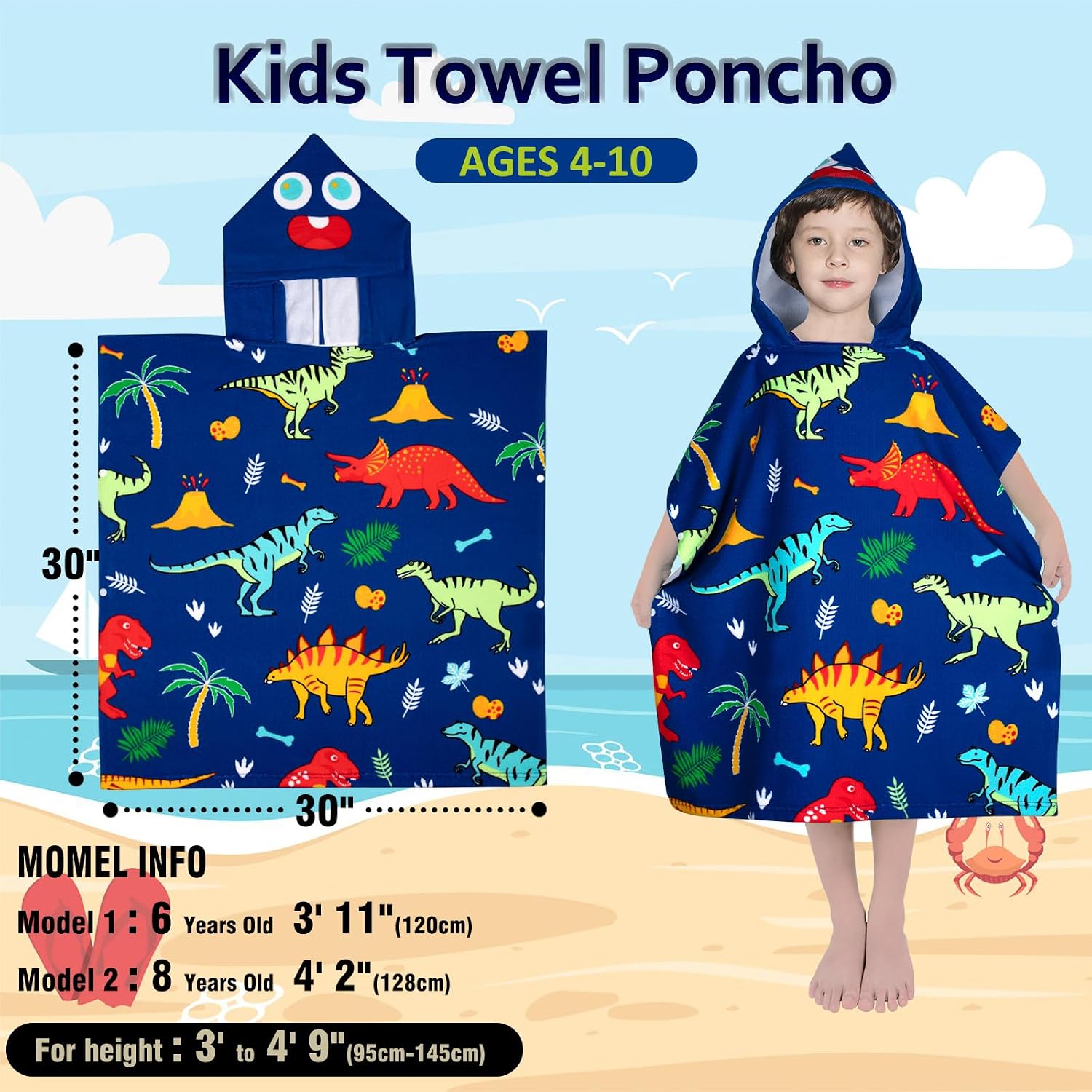 growell Hooded Kids Beach Towels - Toddler Bath Towel Girls Boys Swim Cover-ups for Ages 4 to 10 Kids Pool Towels Quick Dry Lightweight Soft Microfiber Poncho 30x30 with Bag (Dinosaur Blue)