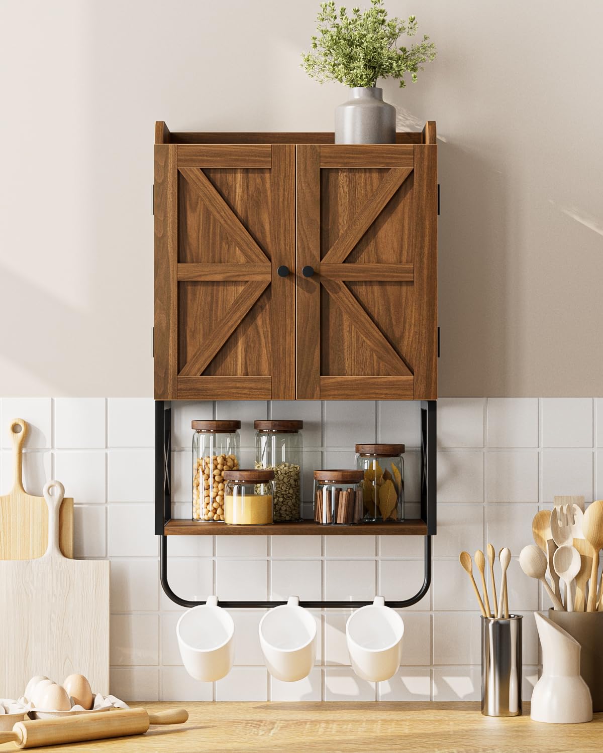 Armadietto da bagno, piccoli armadi medici con ripiano regolabile e ante di bloccaggio magnetico, armadio sospeso a parete per bagno/lavanderia, rovere